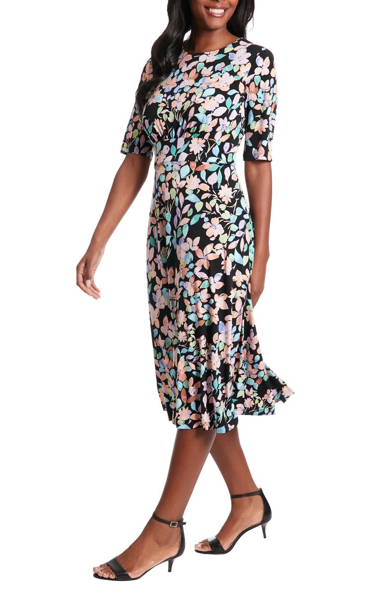 London Times Floral Inset Waist Fit & Flare Midi Dress, Alternate, color, Black/ Lilac