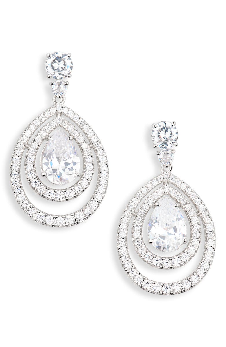 Nadri Pavé Halo Drop Earrings, Main, color, Rhodium