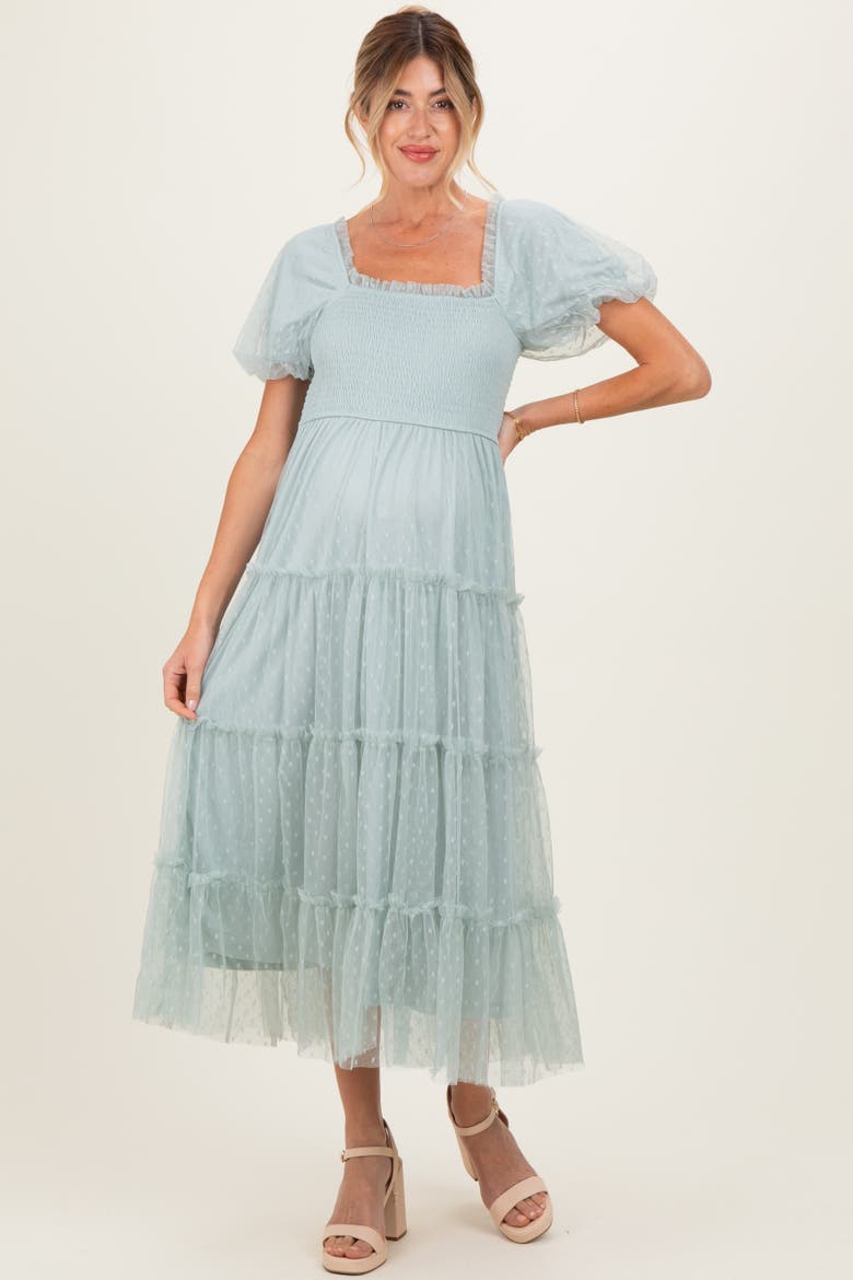 Pink Tulle Tulle Puff Sleeve Smocked Midi Dress, Main, color, Light Olive