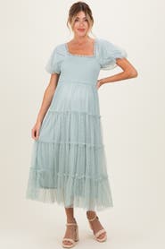PinkBlush Pink Tulle Tulle Puff Sleeve Smocked Midi Dress