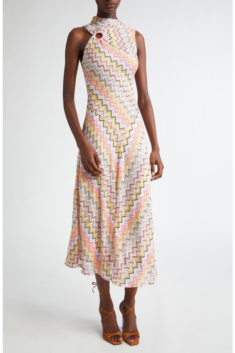 Twist Detail Metallic Raschel Lace Dress, Main, color, MULTI PINK ORANGE BEIGE