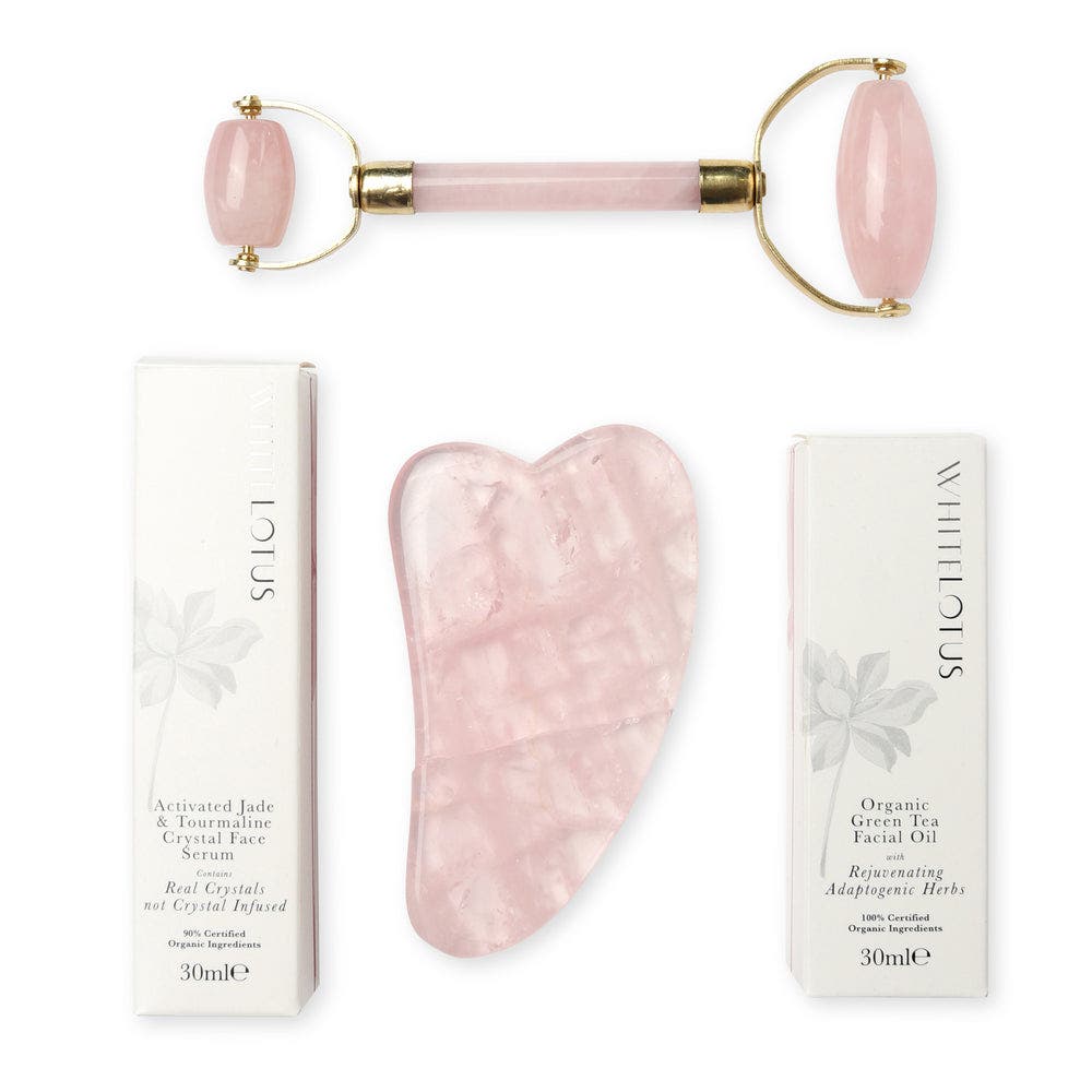 White Lotus Beauty Premium Rose Quartz Crystal Facial Set in Pink 