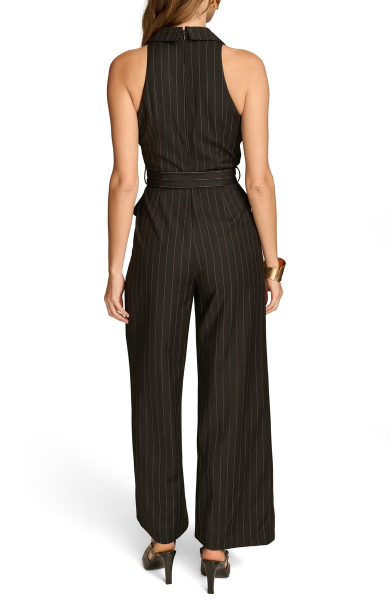 Donna Karan New York Stripe Belted Sleeveless Jumpsuit, Alternate, color, Black/ Cream