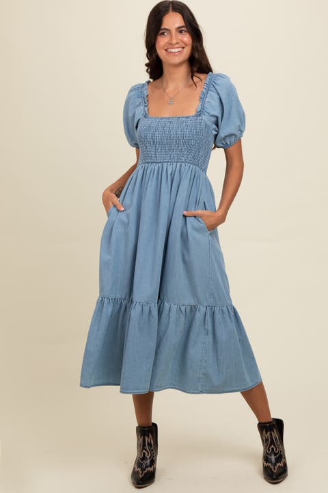 Vintage Wash Chambray Smocked Midi Dress