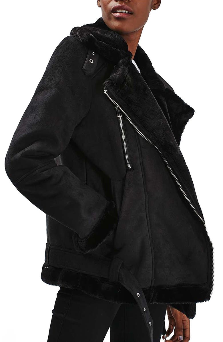 Topshop April Faux Shearling Biker Jacket, Alternate, color, 
