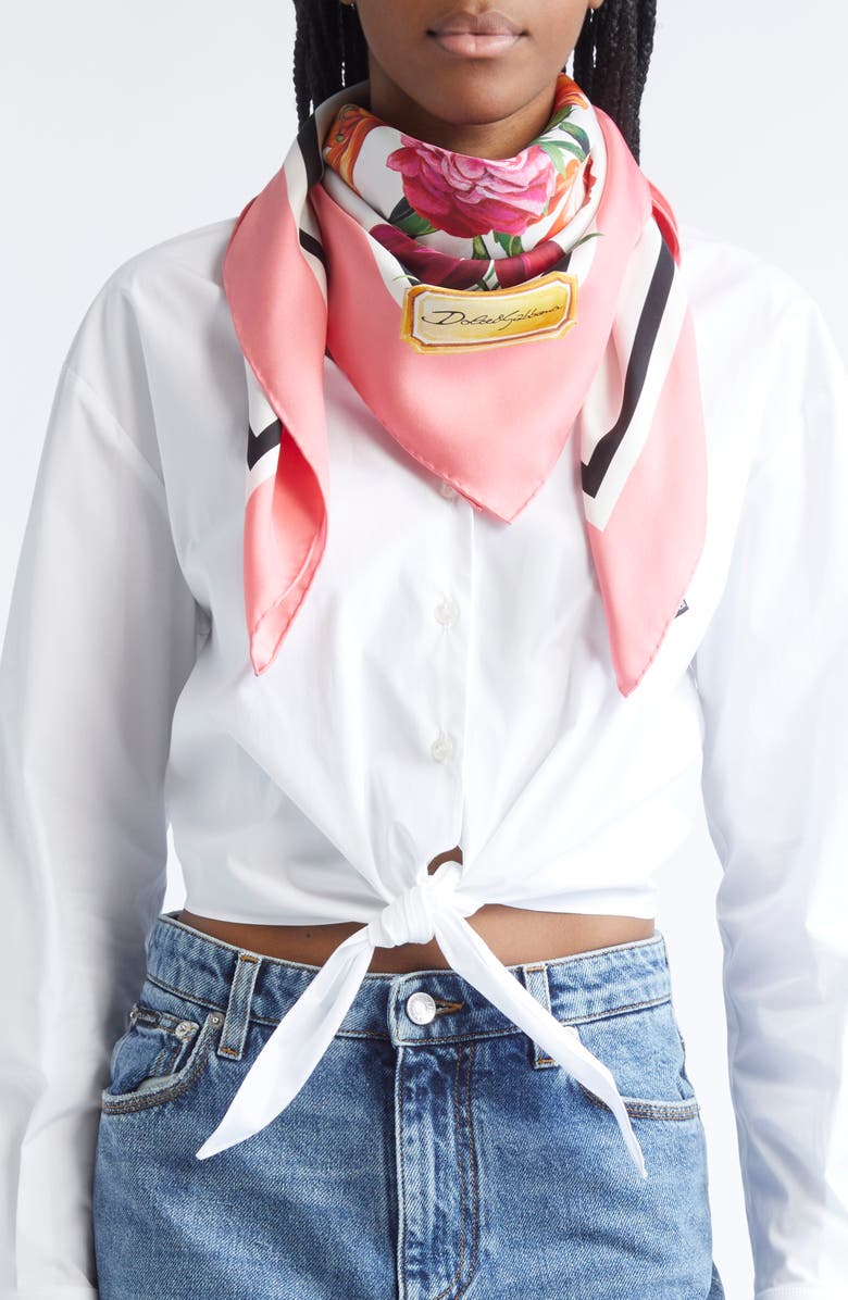 Dolce&Gabbana Rafia Floral Print Silk Scarf, Alternate, color, Ha5qx Fiori Fdo Bco Nat