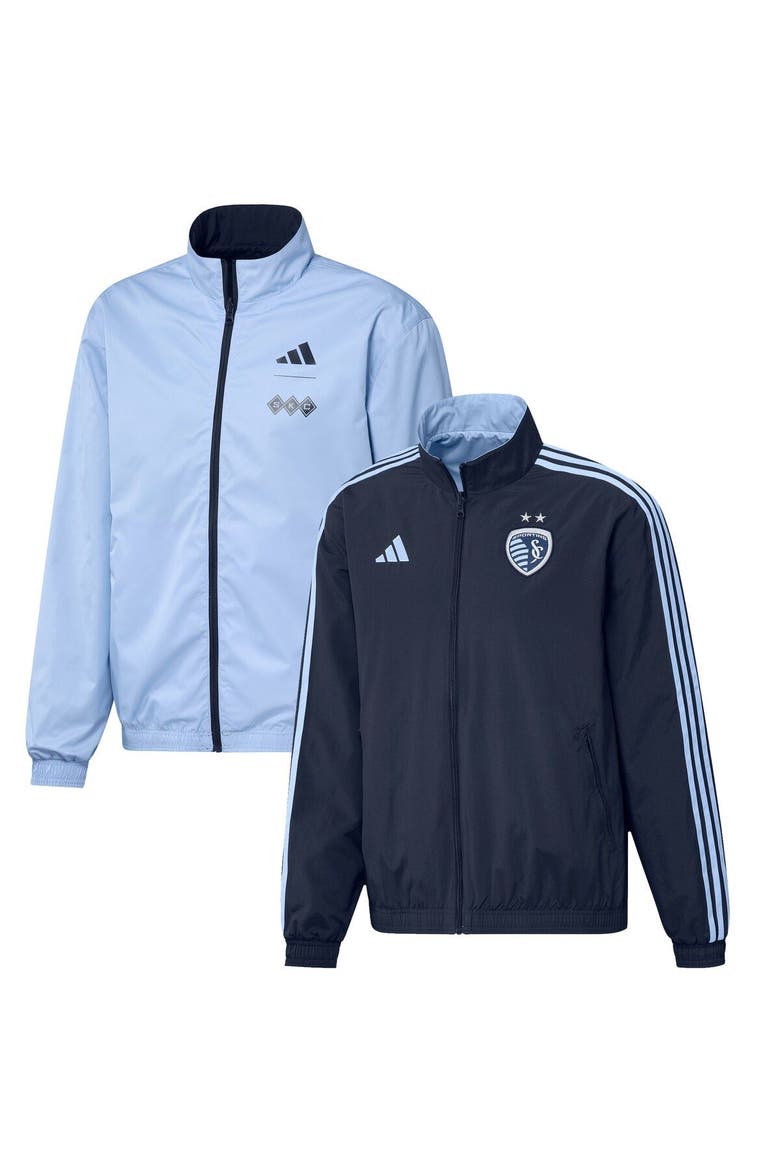Men's adidas Navy/Light Blue Sporting Kansas City 2023 On-Field Anthem Full-Zip Reversible Team Jacket, Main, color, Navy