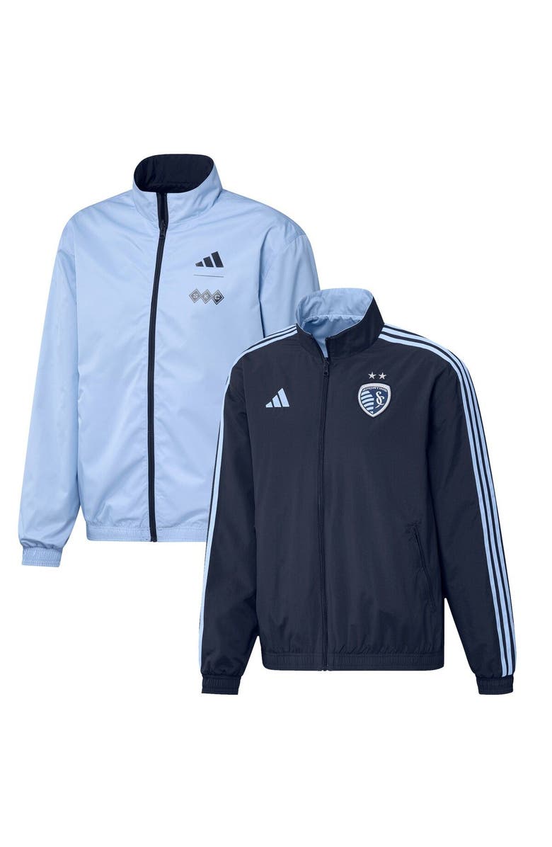 adidas Men's adidas Navy/Light Blue Sporting Kansas City 2023 On-Field Anthem Full-Zip Reversible Team Jacket, Main, color, Navy
