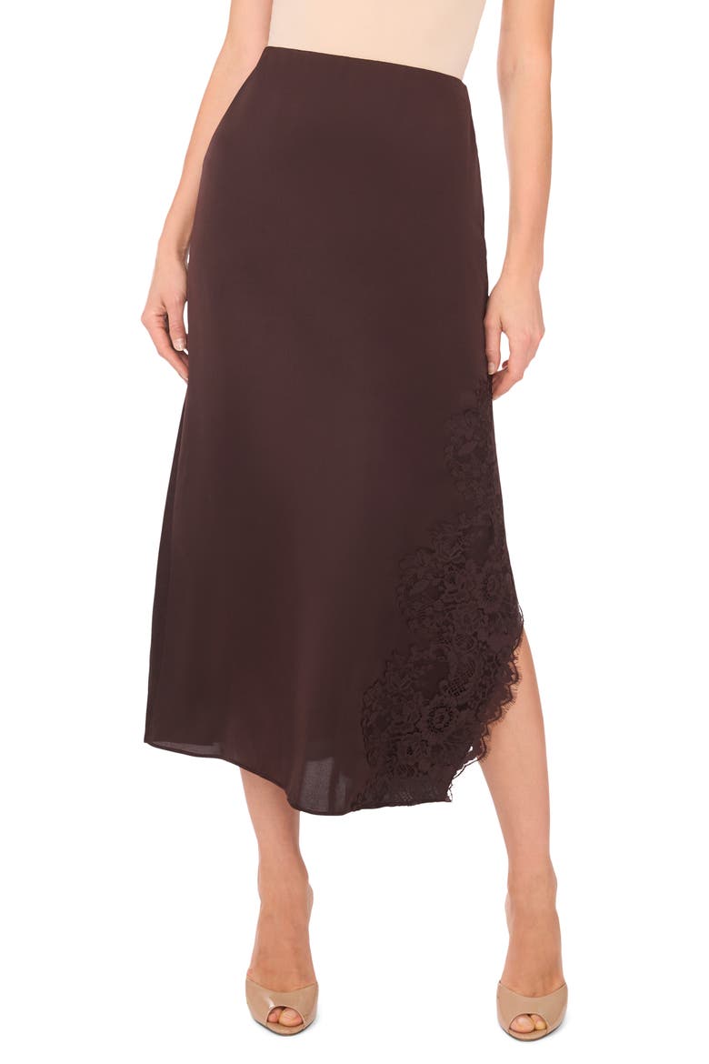 Lace Detail Asymmetric Slip Skirt, Main, color, CHOCOLATE