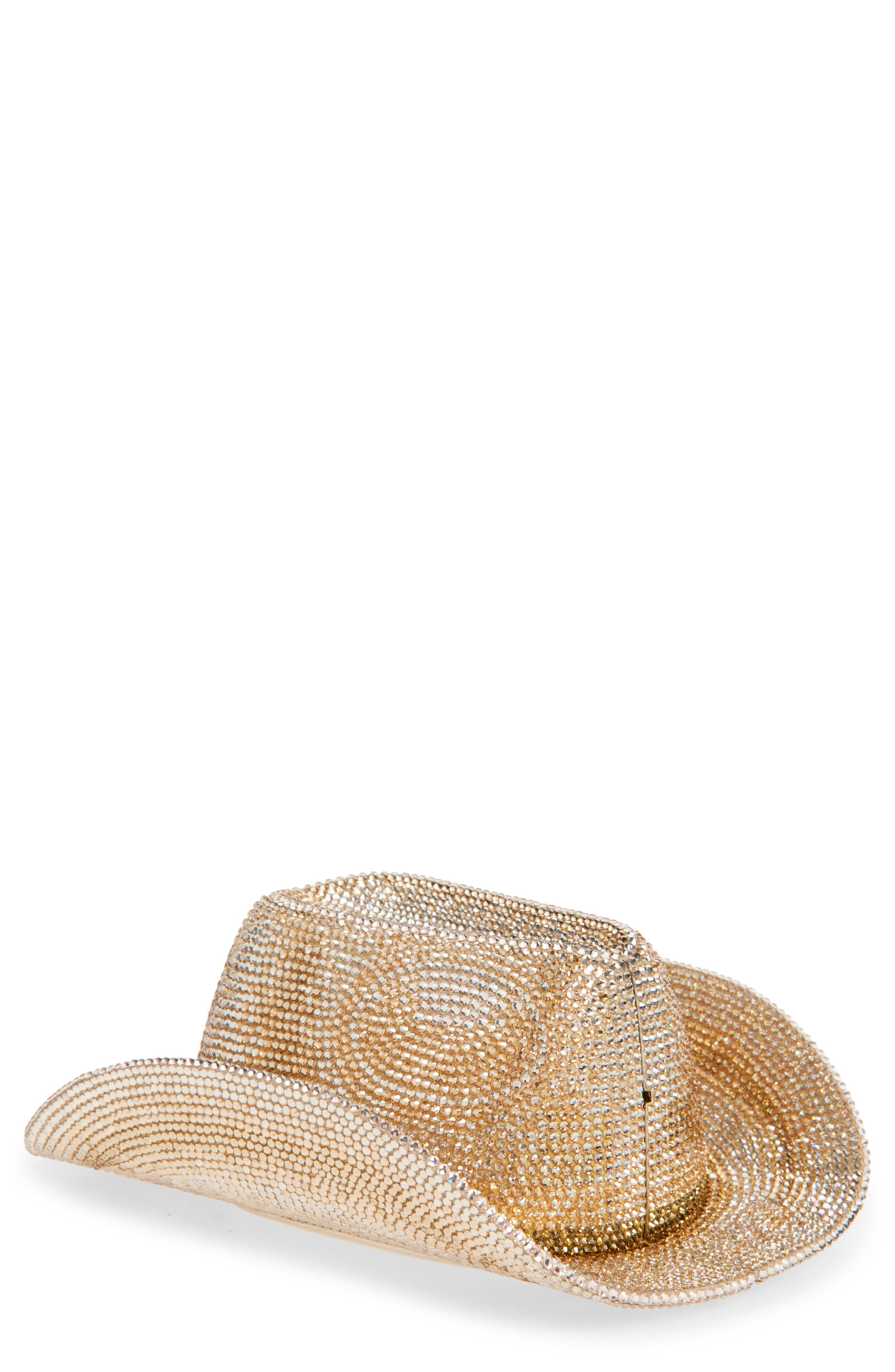 JUDITH LEIBER COUTURE Cowboy Hat Crystal Embellished Clutch, Main, color, Silver Prosecco Mult