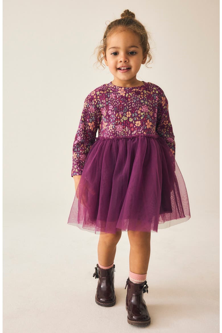 Kids' Ditsy Pleated Floral Mixed Media Mesh Dress, Alternate, color, RED