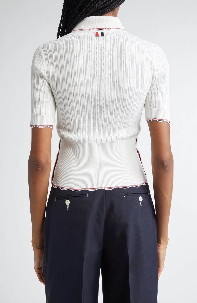Thom Browne Tuck Scallop Trim Silk & Cotton Pointelle Stitch Polo, Alternate, color, White