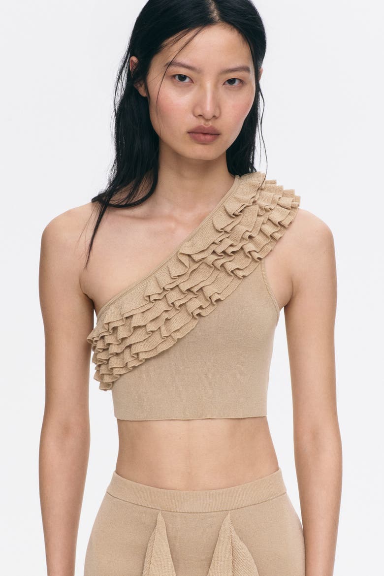 Ruffled One-shoulder Crop Top, Main, color, Beige
