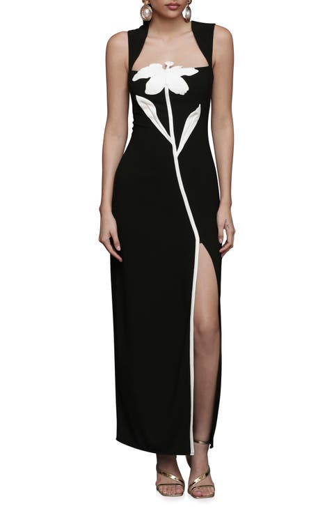 Floral Appliqué Queen Anne Neck Maxi Cocktail Dress