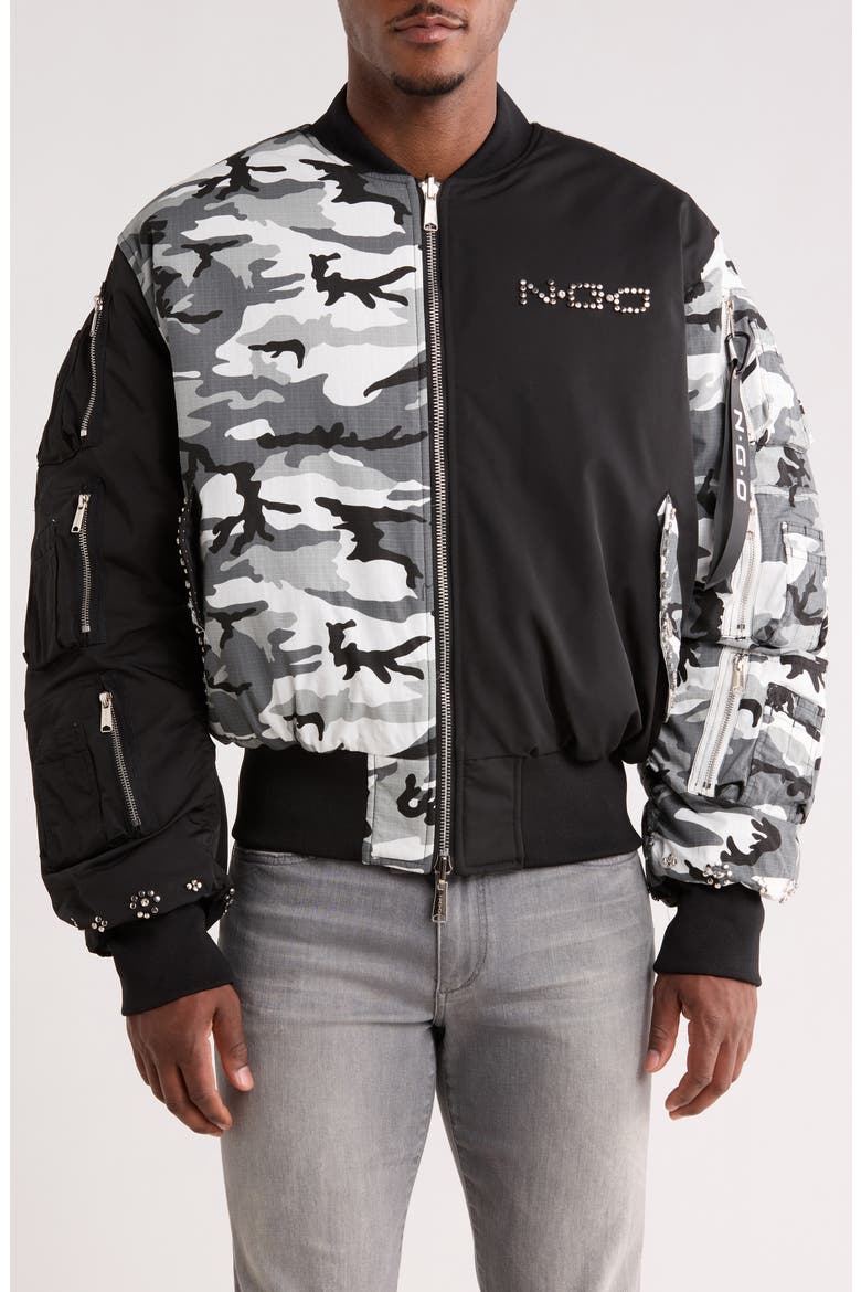 Mixed Media Studded Bomber Jacket, Alternate, color, BLACK/ CAMO