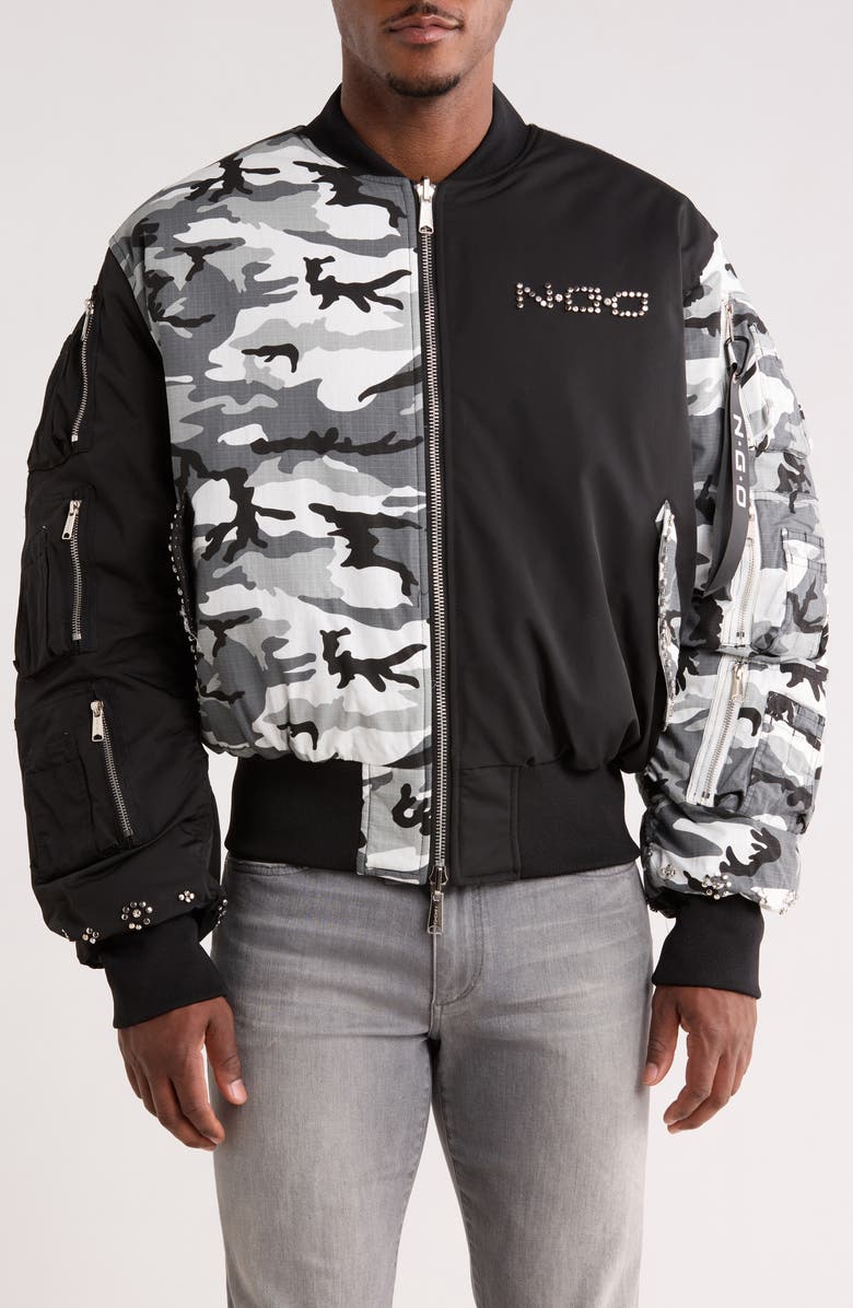 Nothing Grows Overnight Mixed Media Studded Bomber Jacket, Alternate, color, Black/ Camo
