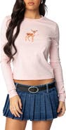 EDIKTED Fawn Bow Embellished Long Sleeve Cotton Graphic T-Shirt