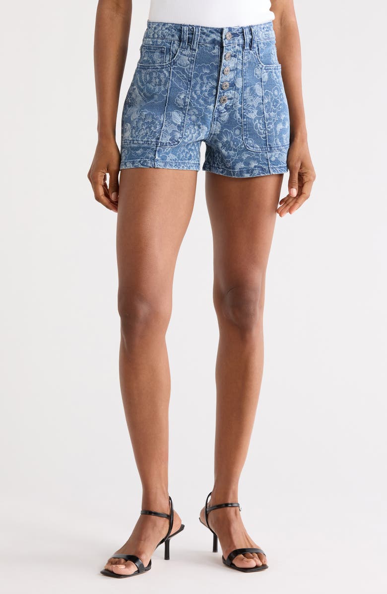 JASON WU Floral Button Fly Denim Shorts, Main, color, Dark Wash Sketched Floral