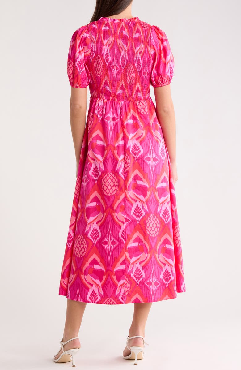SUGARLIPS Prissa Ikat Brenty Smocked Midi Dress, Alternate, color, Magenta-Coral