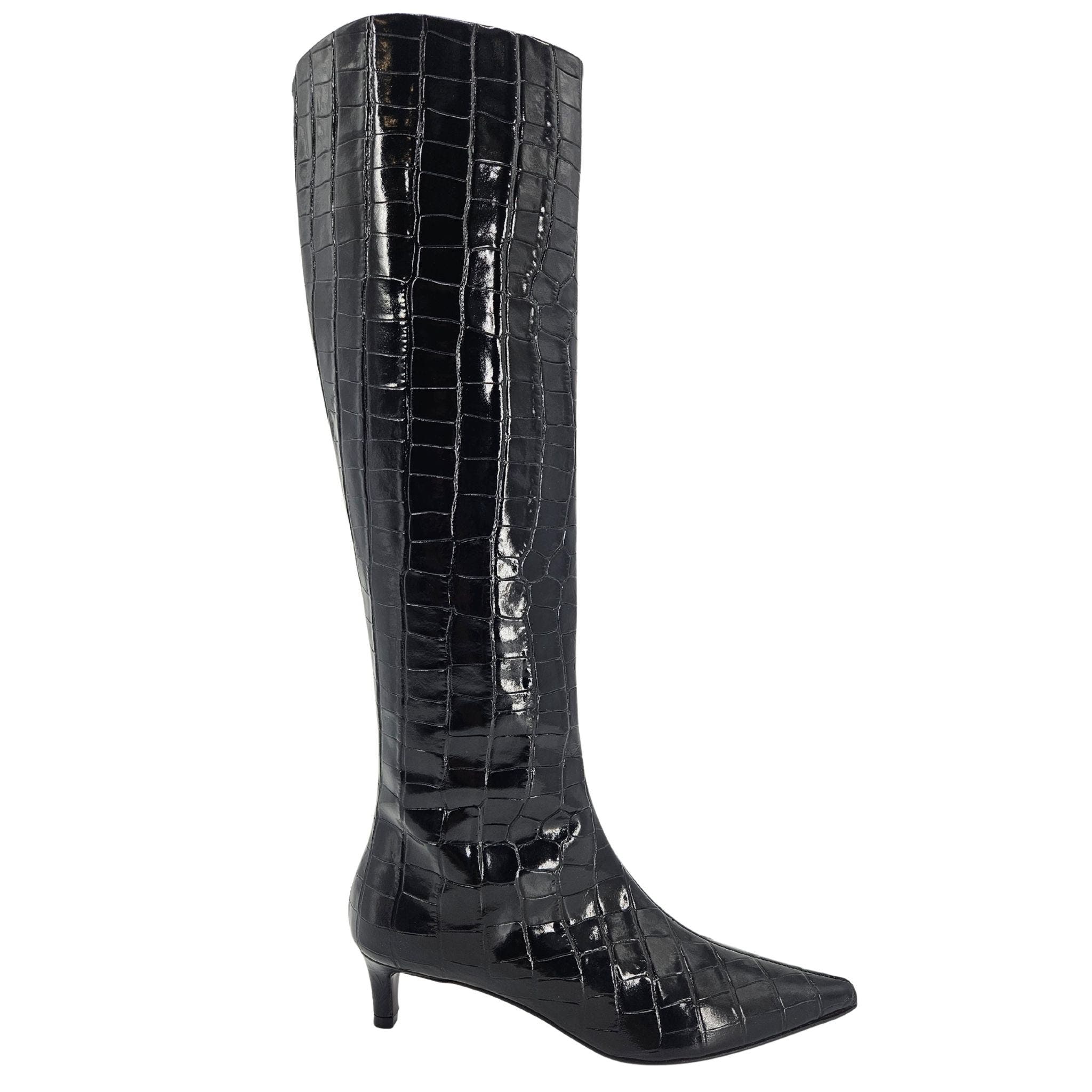 Madison Maison Tall Moc Croc Pointy Toe Kitten Heel Boot, Main, color, Black