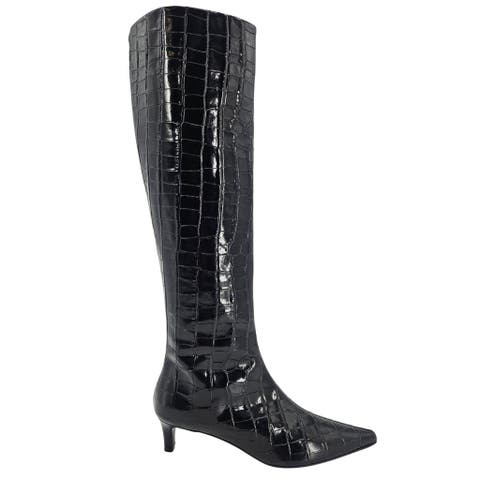 Tall Moc Croc Pointy Toe Kitten Heel Boot