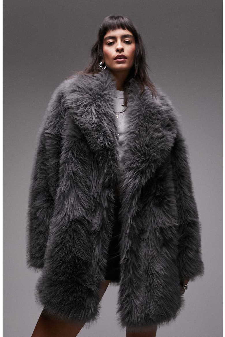 Mid Length Faux Fur Coat, Alternate, color, CHARCOAL