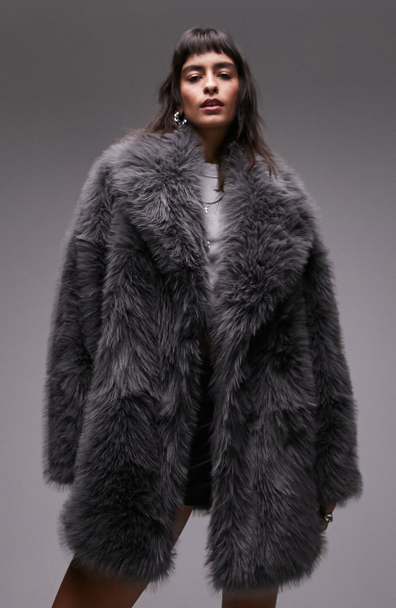 Topshop Mid Length Faux Fur Coat, Alternate, color,