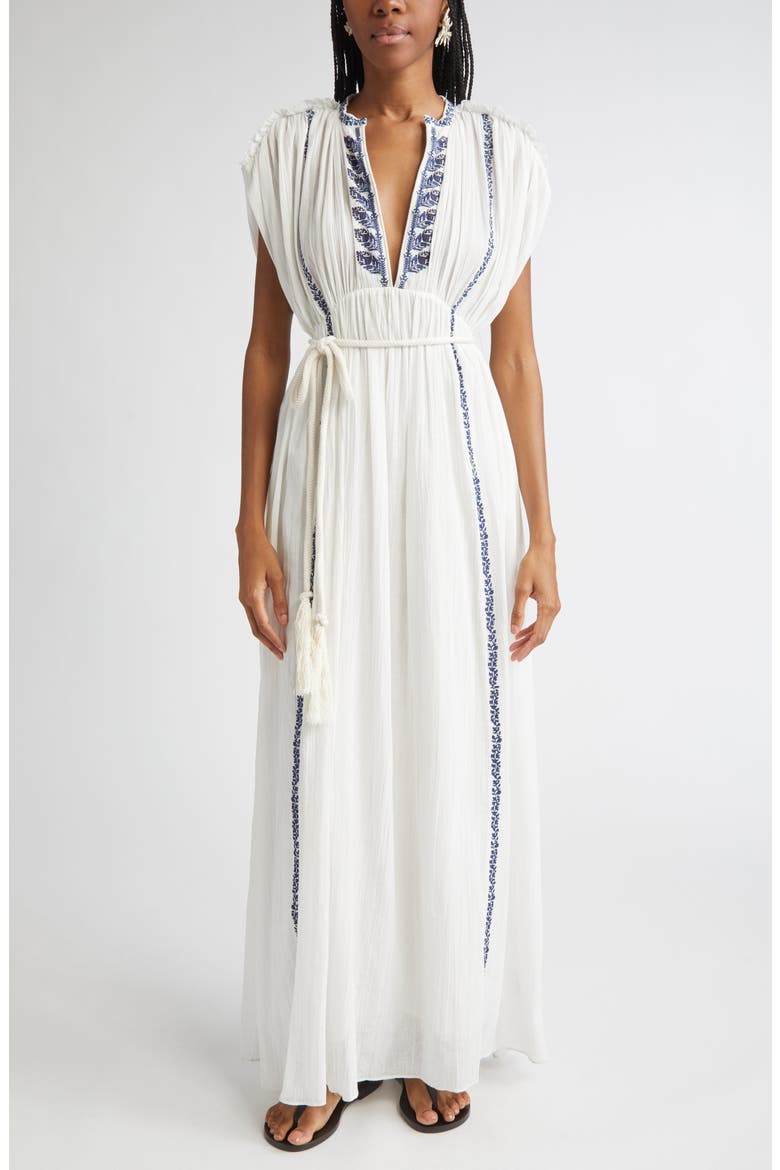 Liviane Embroidered Maxi Dress, Main, color, ECRU/ BLUE