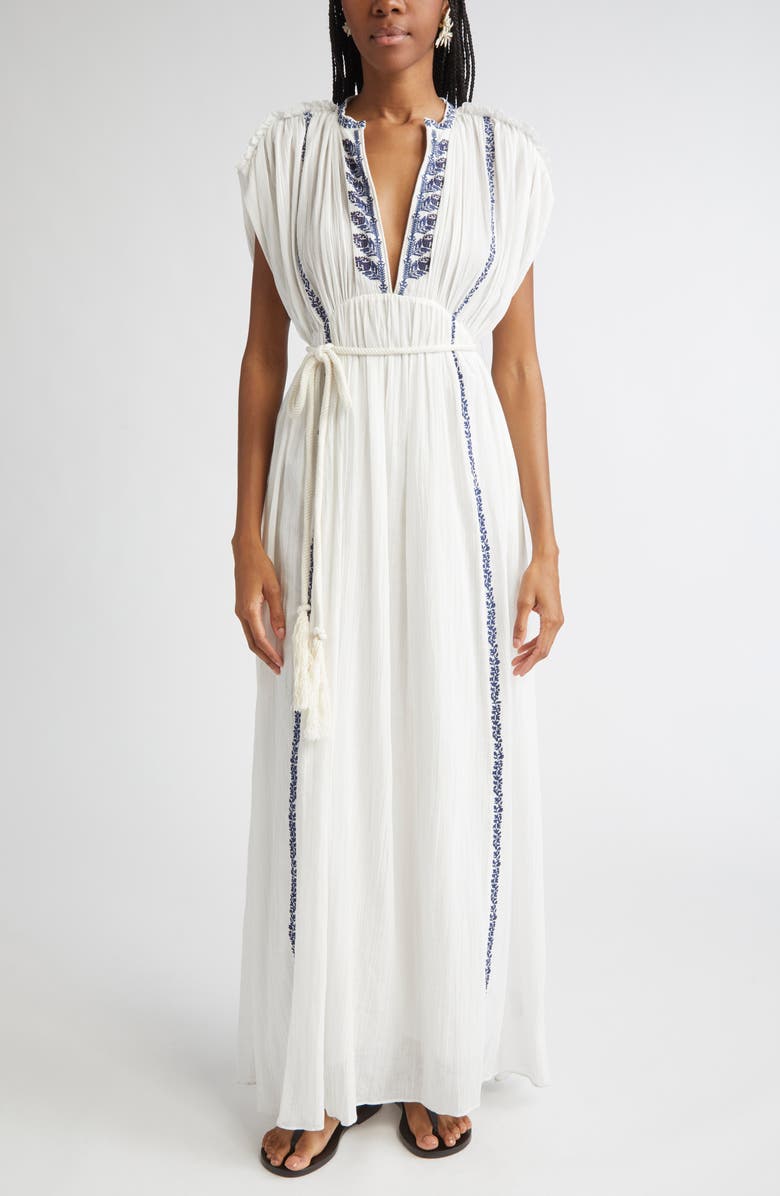 Isabel Marant Étoile Liviane Embroidered Maxi Dress, Main, color, Ecru/ Blue