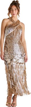 Coast Gold Sequin Tassel Halter Neck Dress