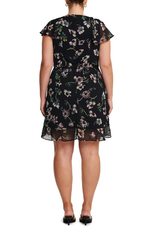 Estelle Climbing Rose Ruffle Faux Wrap Dress In Black/rose