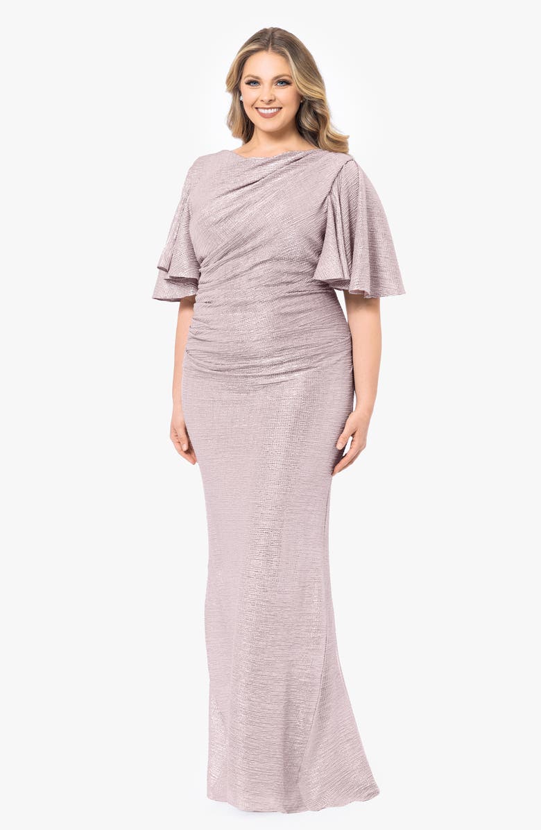 Betsy & Adam Metallic Flutter Sleeve Gown, Alternate, color, 