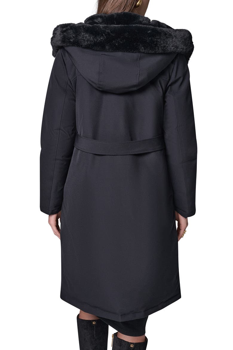 Belted Coat with Faux Fur Lined Hood, Alternate, color, BLACK