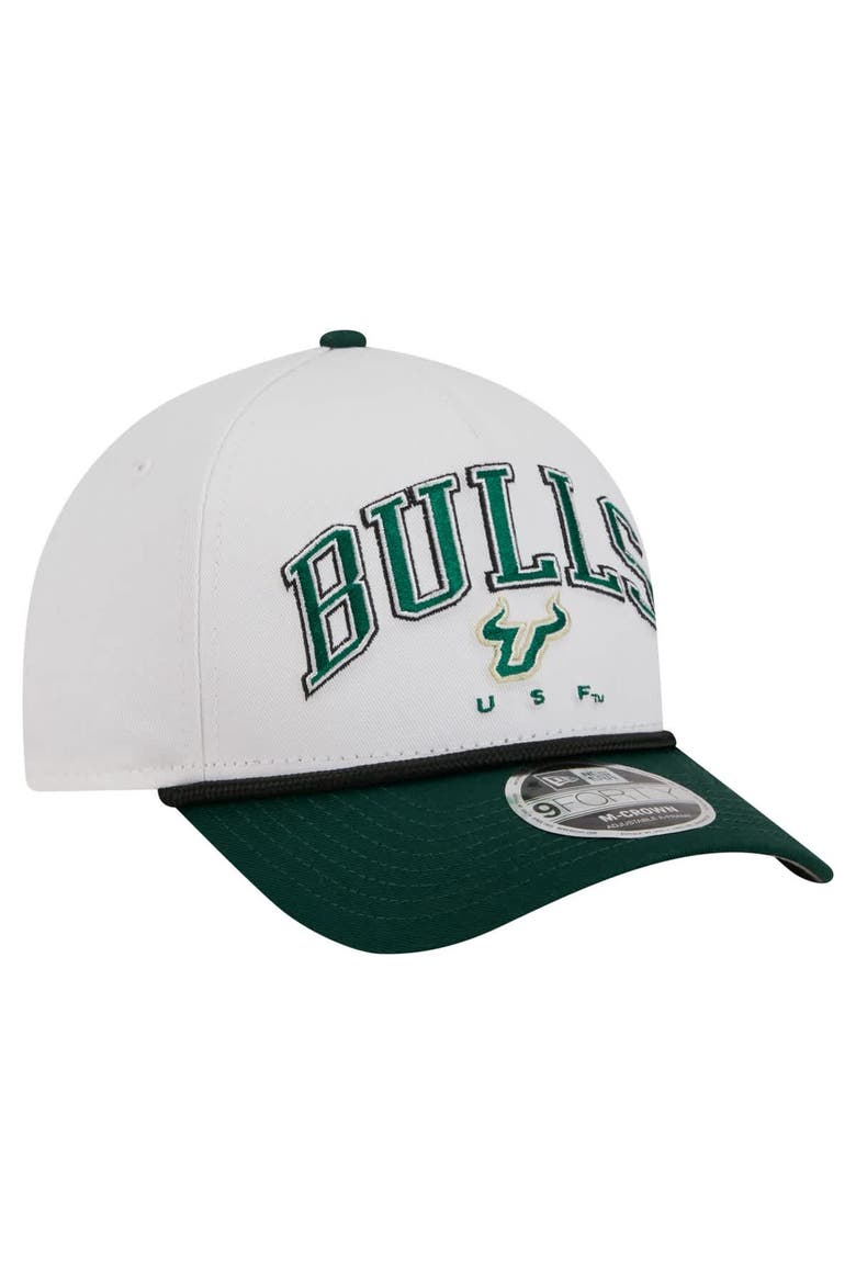 Men's New Era White/Green South Florida Bulls Arch Two-Tone Rope 9FORTY A-Frame M-Crown Adjustable Hat, Alternate, color, White