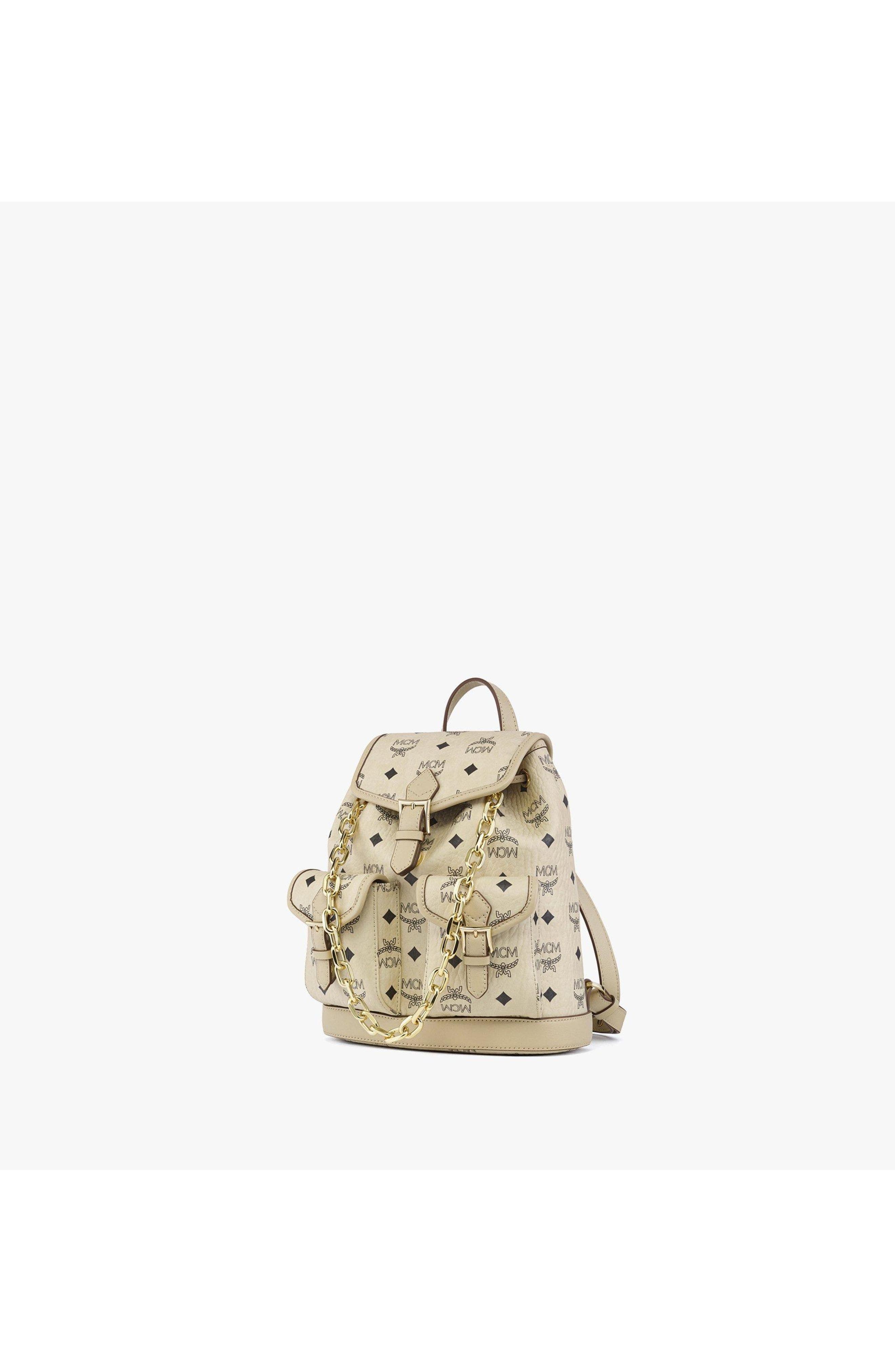 MCM Mini Aren Drawstring Backpack in Visetos, Alternate, color, Beige+Black Logo