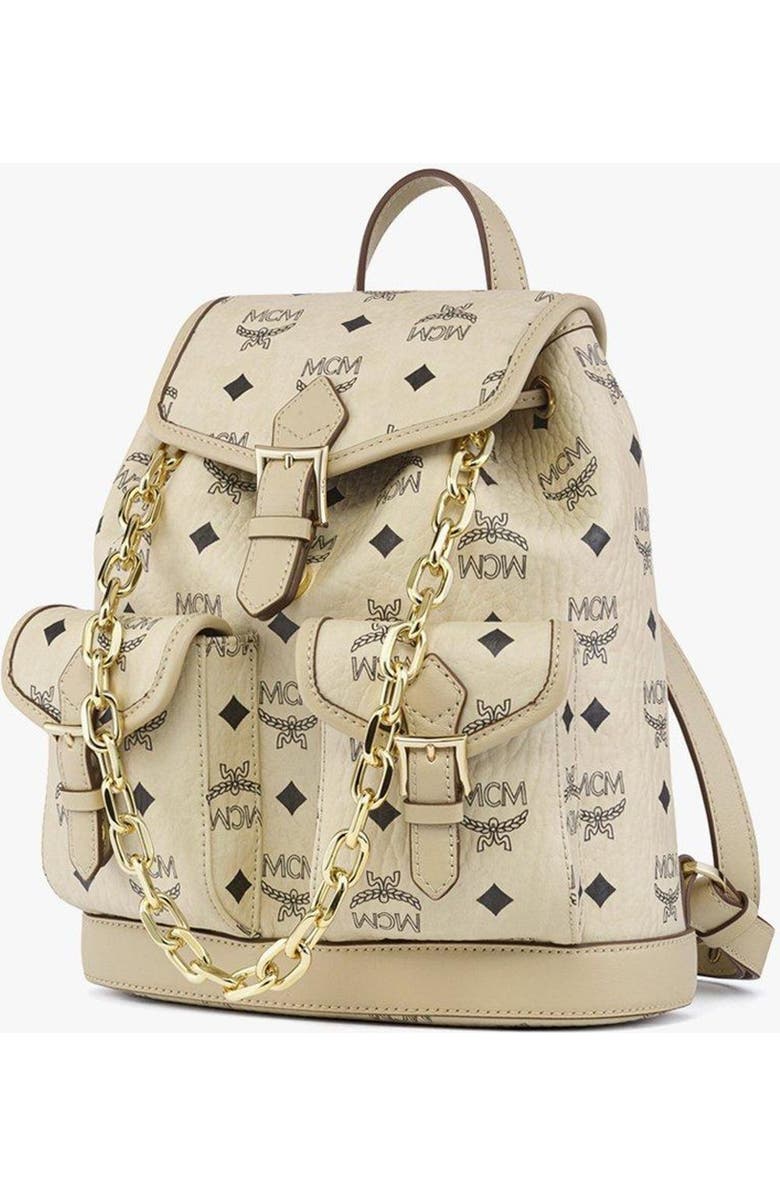 MCM Mini Aren Drawstring Backpack in Visetos, Alternate, color, Beige+Black Logo