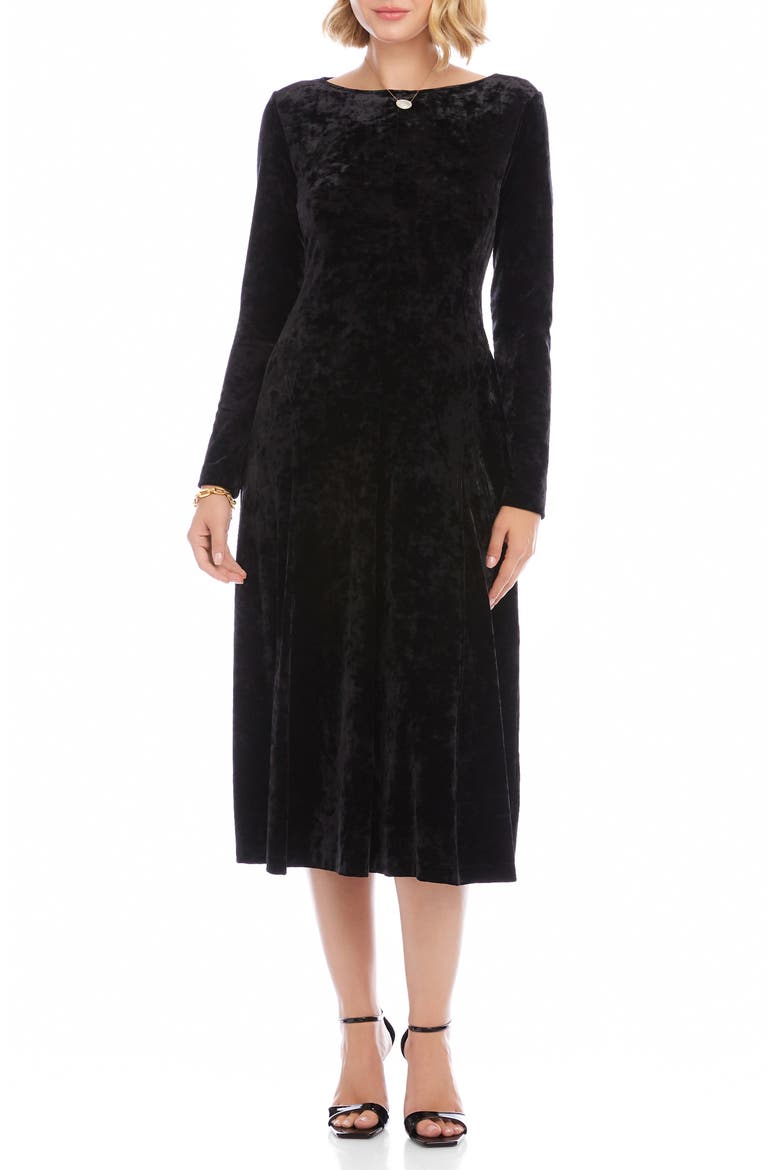 Kate Long Sleeve Crushed Velvet Midi Dress, Main, color, BLACK