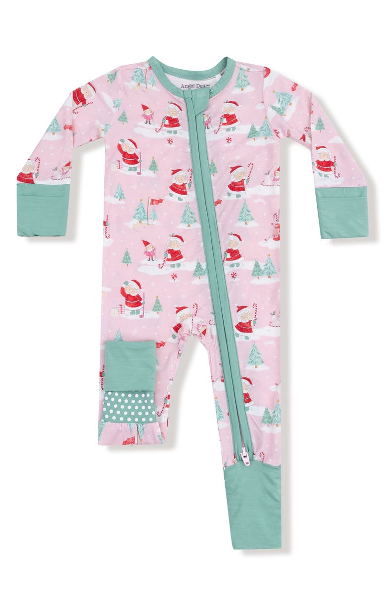 Angel Dear Golfing Mrs. Claus & Elves Print Convertible Zip Footie, Main, color, Light Green/Dark Green