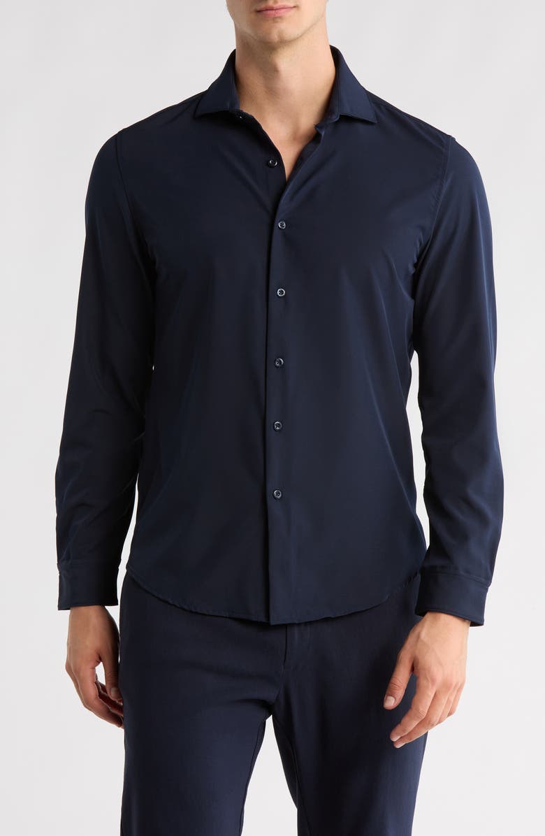 DENIM AND FLOWER Solid Navy Performance Button-Up Shirt, Main, color, Navy