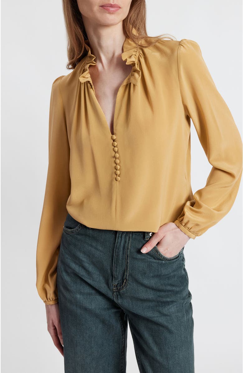 Santorelli Astrid Long Sleeve Silk Ruffle-Neck Top, Alternate, color, Dune Sand