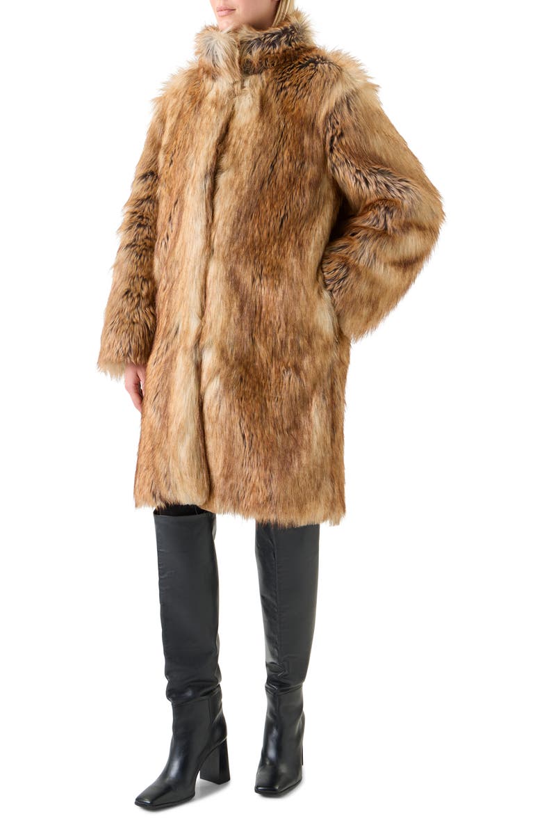 Akris punto Stand Collar Faux Fur Coat, Alternate, color, Camel-Multicolor