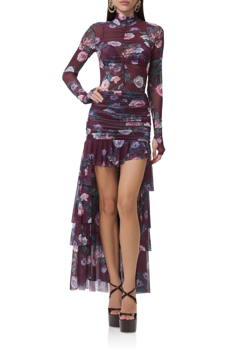 AFRM Zarin Floral High-Low Mesh Skirt, Alternate, color, Cabernet Bouquet