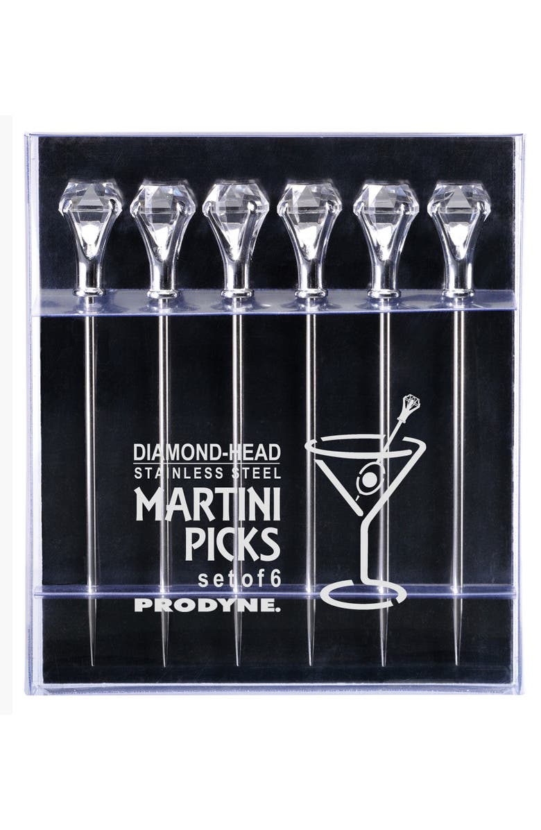 PRODYNE Diamond Head Martini Picks, Set of 6, Acrylic and Stainless Steel, Alternate, color, Silver