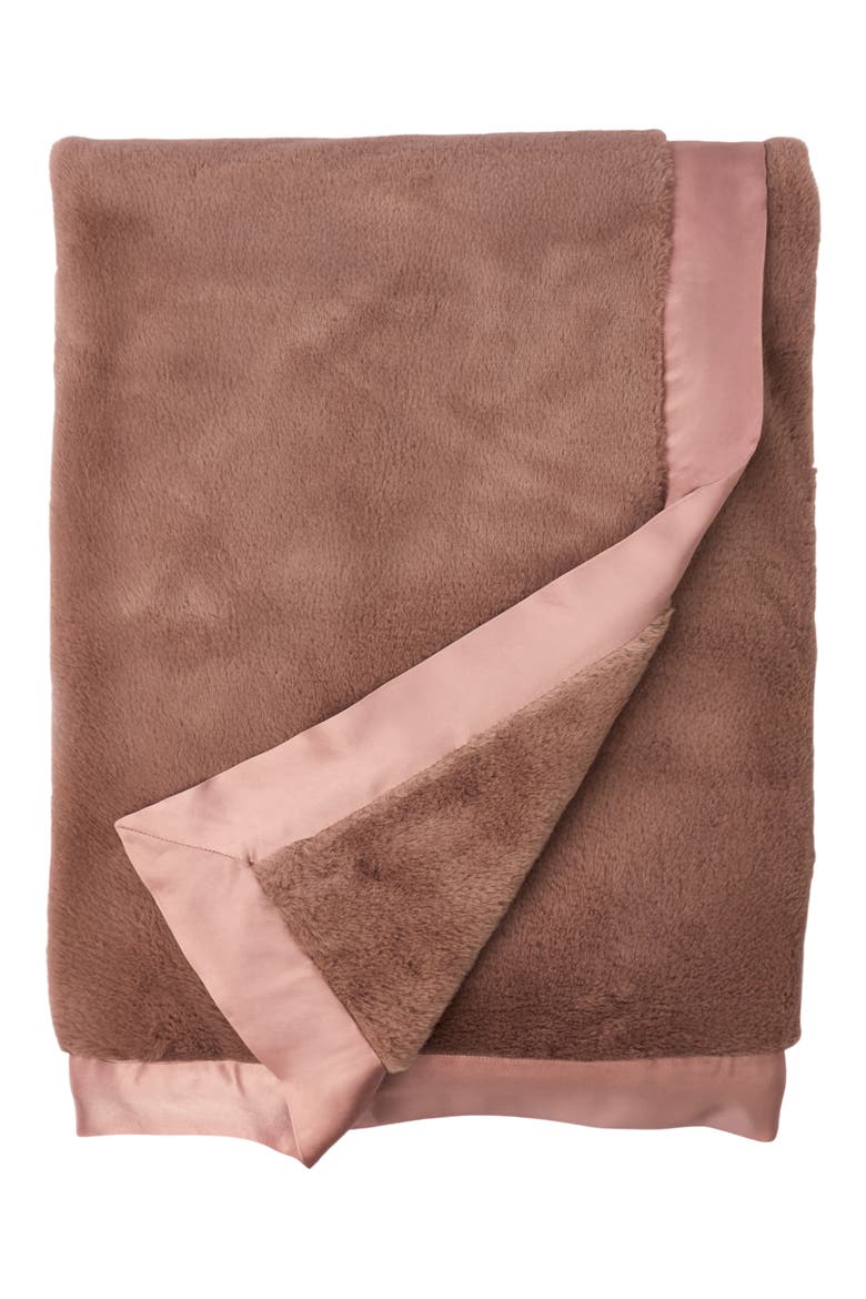 Luxe Satin Trim Faux Fur Throw Blanket, Main, color, BORDEAUX BLUSH