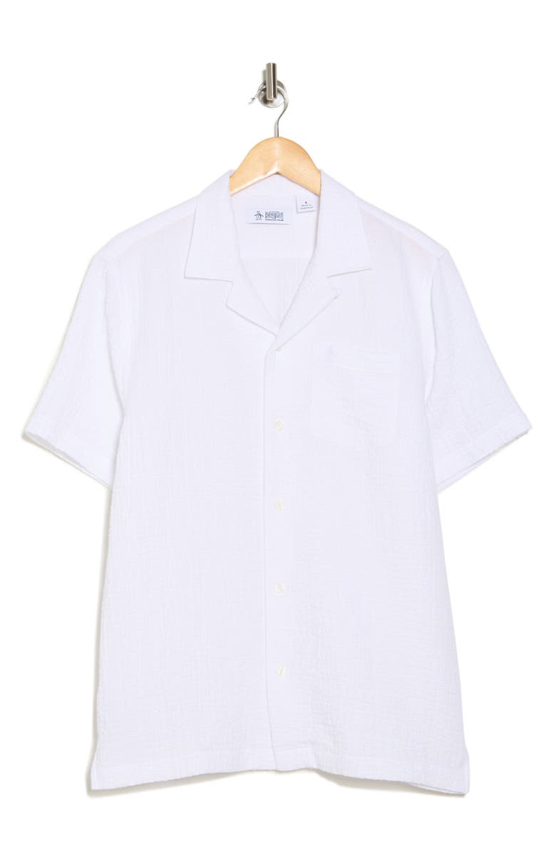 Original Penguin Cotton Gauze Short Sleeve Button-Up Camp Shirt, Alternate, color, Bright White
