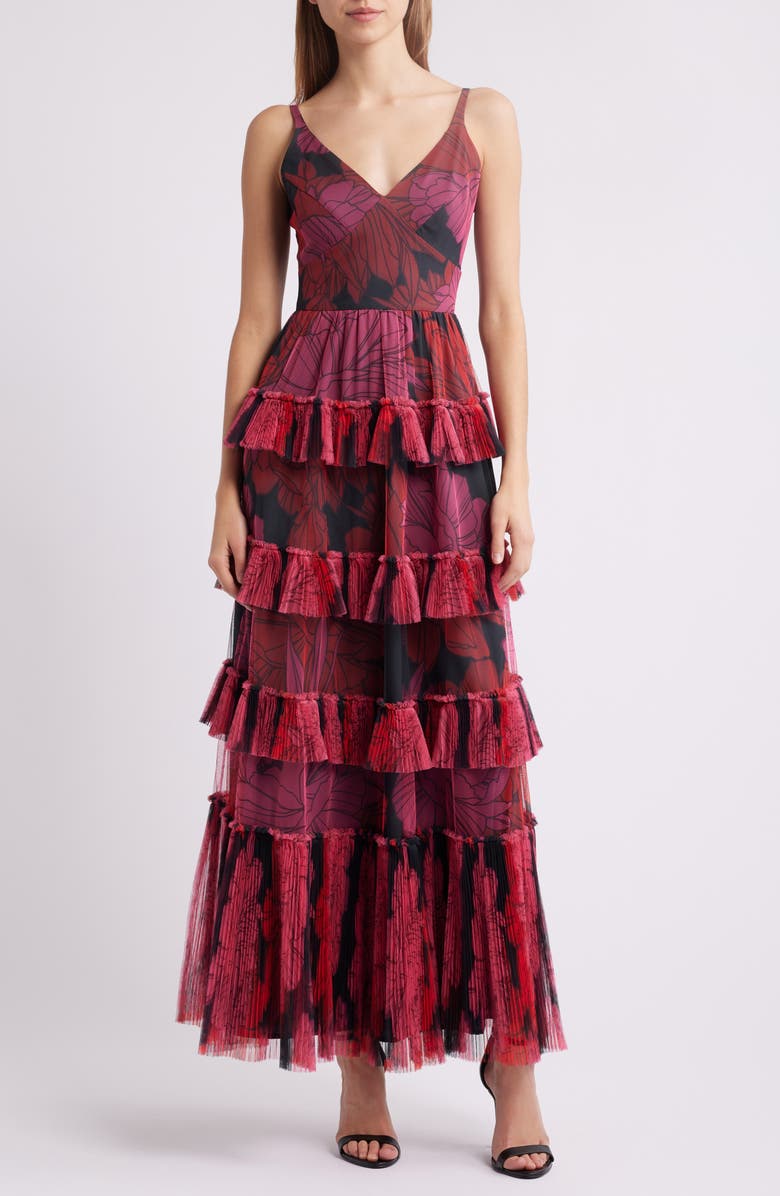 Hutch Freya Tulle Plissé Ruffle Gown, Main, color, Pink Floral