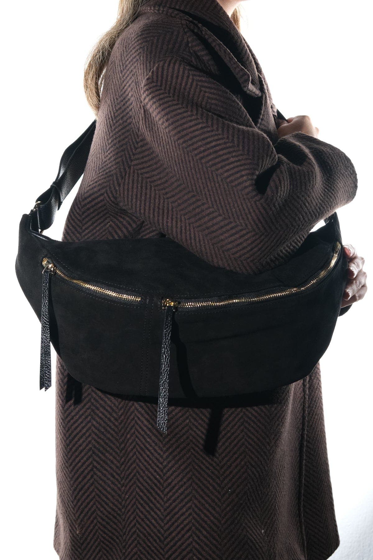 Forever & Always Shoes Sola Leather Body Bag, Alternate, color, Black Suede