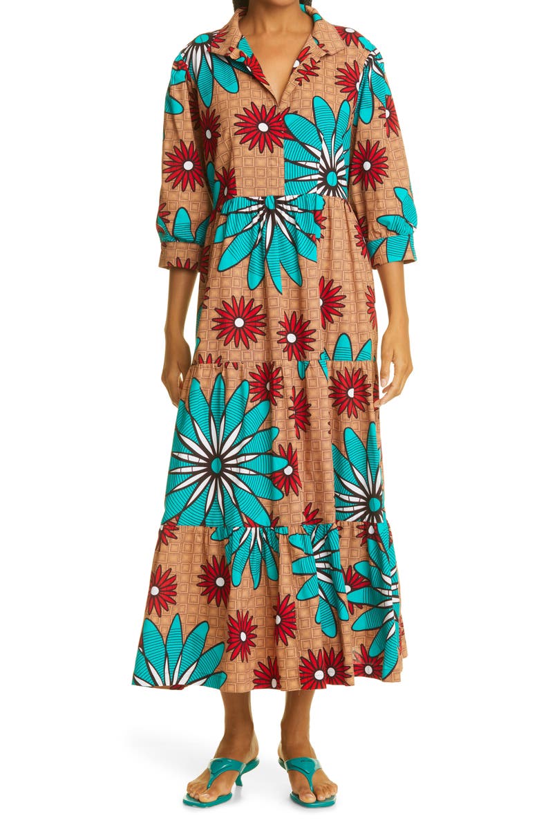 The Oula Company Flower Print Tiered Midi Dress, Main, color, 