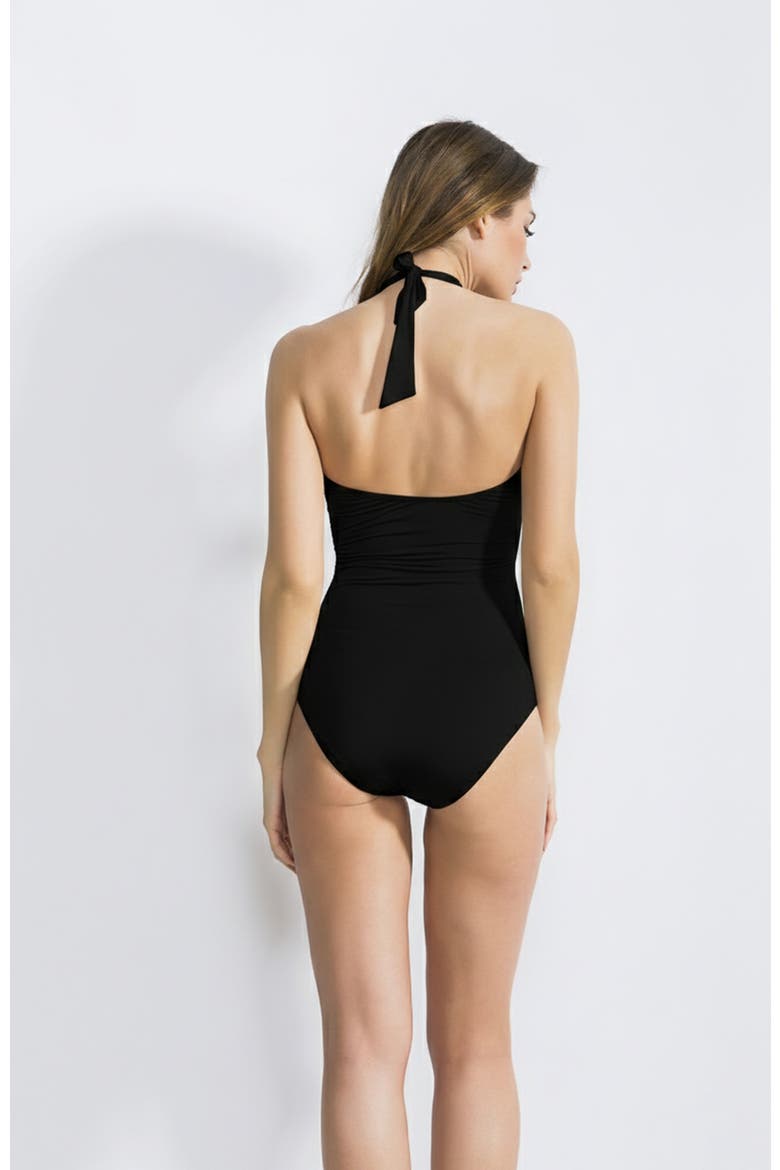 Cross-Front Cutout Ruched High-Waist One-Piece Swimsuit, Alternate, color, Black