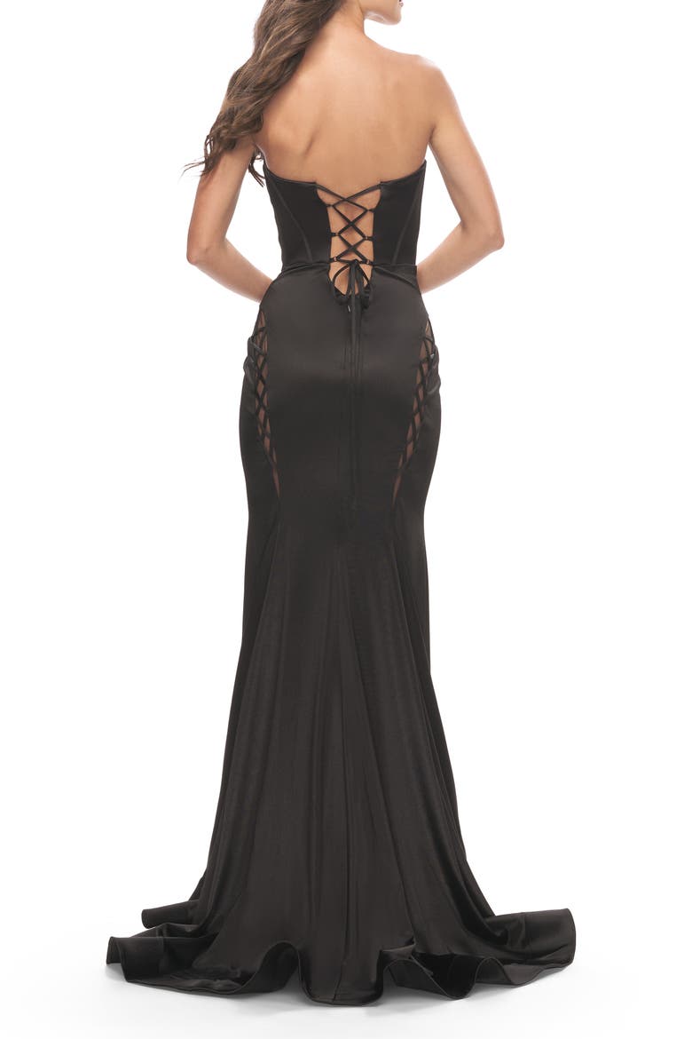 Liquid Jersey Gown with Mesh Strappy Side Panels, Alternate, color, Black